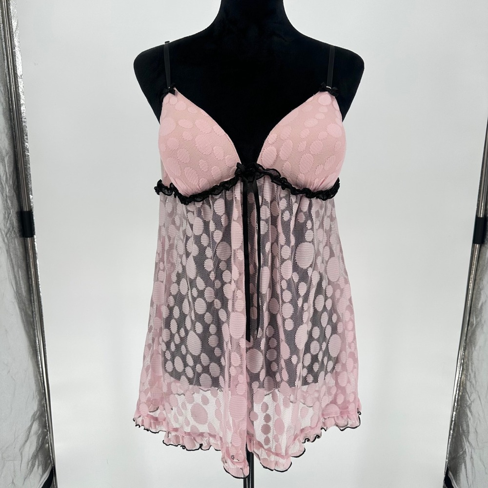Whispers Pink Polka Dot Ruffle Babydoll Top Mesh Lingerie Coquette Y2K XL